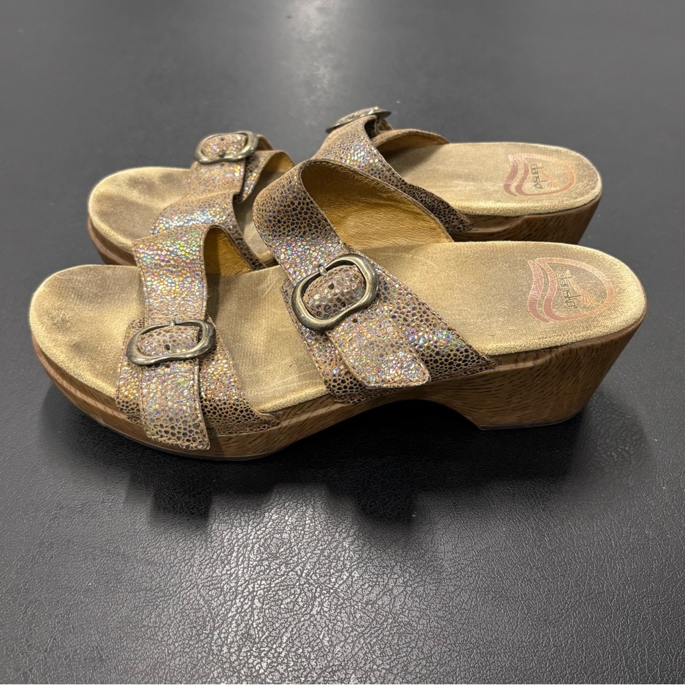 Dansko Sandals Gold Multi Iridescent Open Toe Mule Slip-On Heels Womens 39/8.5